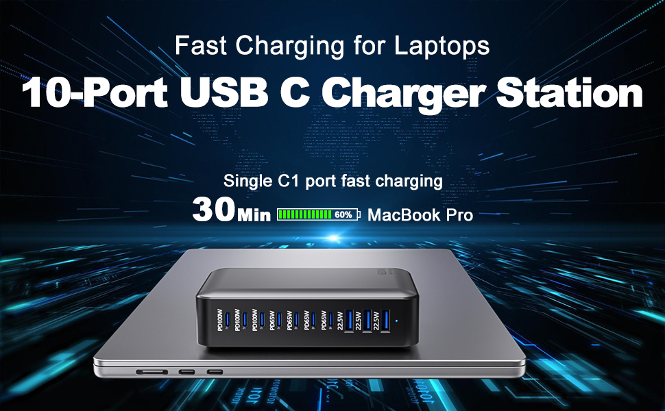Зарядний пристрій USB-C 620W Gan: 10 портів (7xUSB-C + 3xUSB-A) для швидкої зарядки ноутбуків, iPhone, Samsung Galaxy, MacBook Pro/Air, Dell