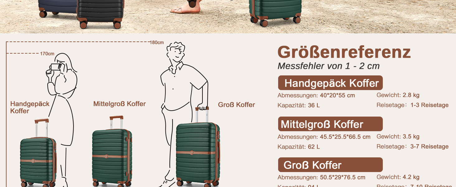 Чемодан KONO Reisekoffer Trolley 3-частинний з ABS+PC, жорсткий, з подвійними колесами та кодовим замком (великий 76 см, темно-зелений/коричневий)