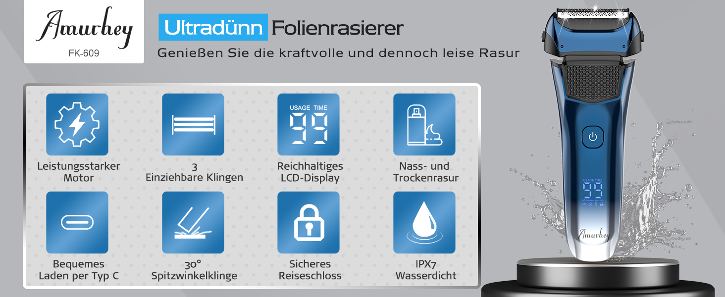 Електрична бритва чоловіча з 3 гнучкими лезами та тримером, синя. Бритва для вологого та сухого гоління, з кейсом для подорожей, акумуляторна, 120 хв роботи. Подарунок для чоловіків