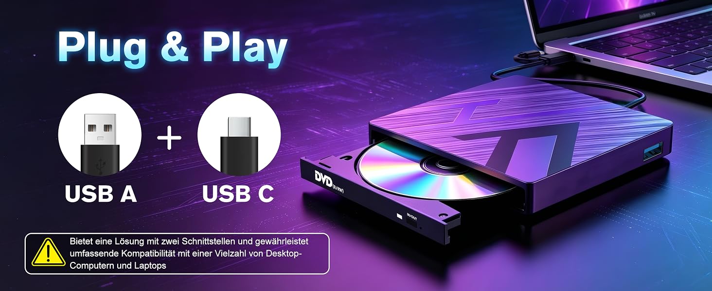 Зовнішній CD/DVD привід varkda USB 3.0 та USB-C, портативний оптичний накопичувач та записувач для ноутбука, ПК, Mac, Windows, Linux (8 в 1, чорний)