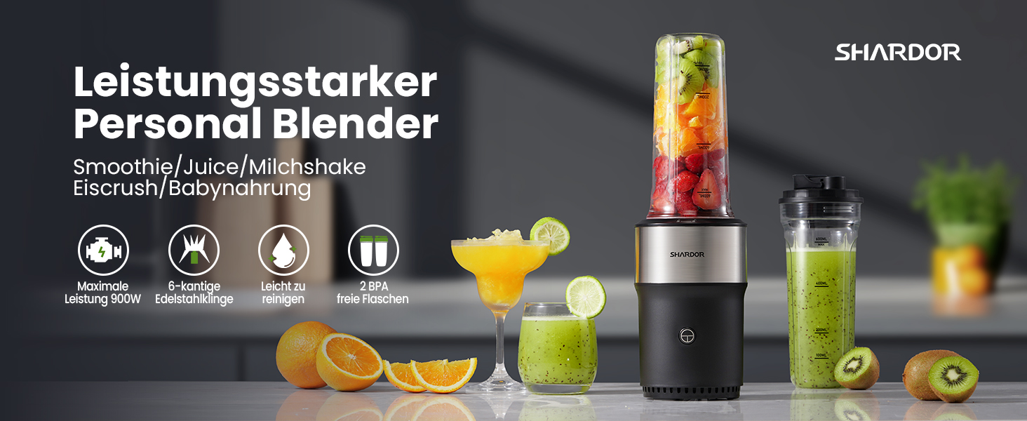 Блендер SHARDOR StandMixer HB-J666: 900W, 2 пляшки по 700мл, нержавіюча сталь, 6-лопатевий ніж, BPA Free, для смузі, шейків та соків