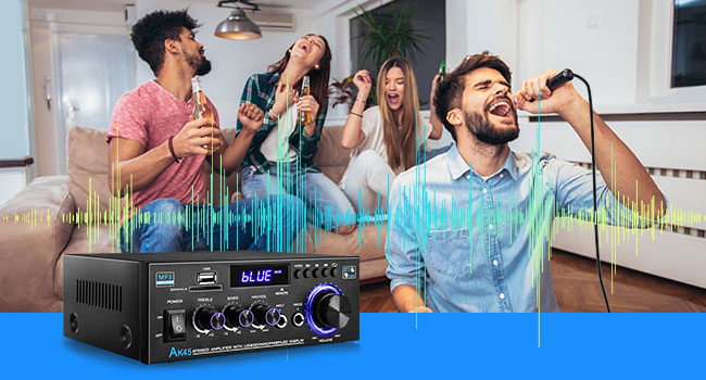 KKMOL AK45 Міні Hi-Fi стерео підсилювач Bluetooth, 400 Вт, 2-канальний, цифровий аудіо підсилювач з USB, SD, радіо, пультом, 12V/220V