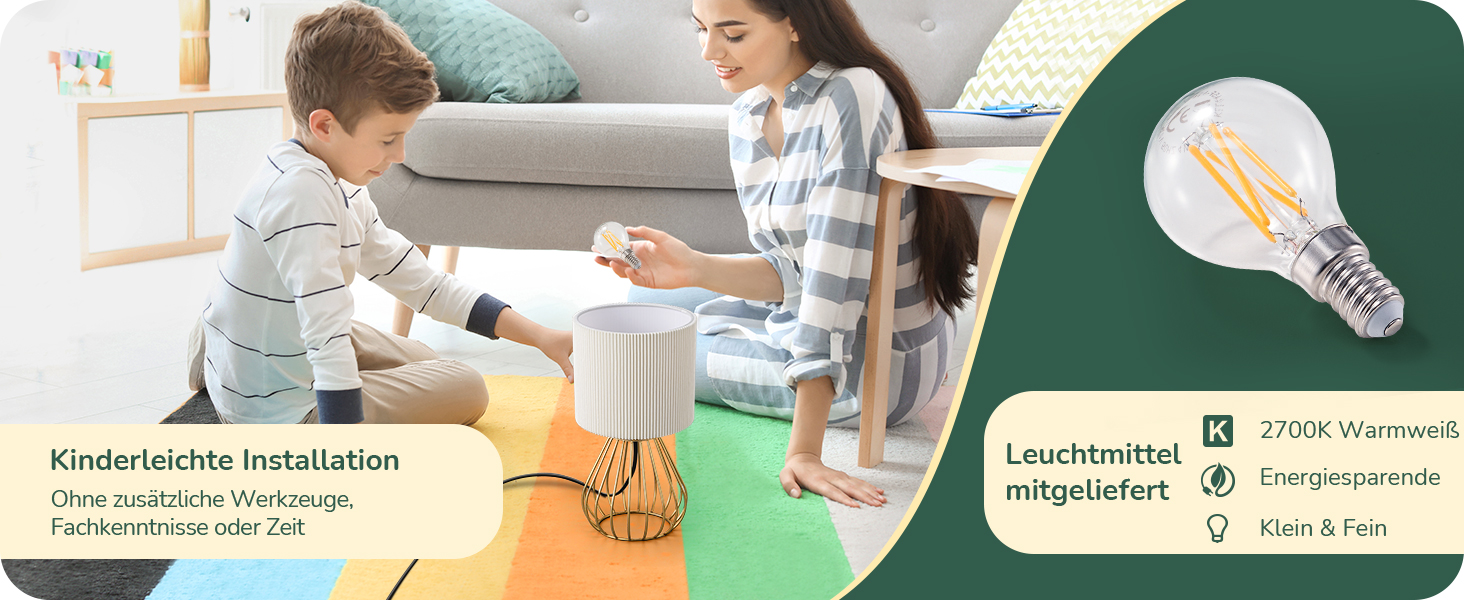 EDISHINE Настільна лампа, сучасний індустріальний дизайн, цоколь E14, вінтажна, для спальні та вітальні, бежево-чорна (кремово-білий плісе + золото)