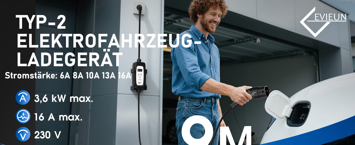 Кабель зарядки для електромобіля Schuko 3.6kW (5м, 16A) з регулюванням струму та дисплеєм | Підходить для ID.3, ID.4, Model 3/Y, ZOE, Q3/Q5 та інших електромобілів (EV/PHEV)