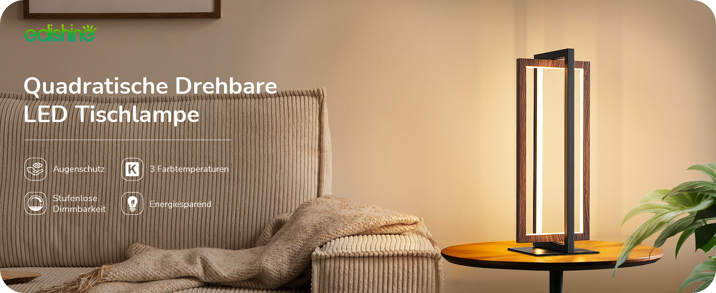 LED настільна лампа EDISHINE з дерева, торкання, регулювання яскравості та функція пам'яті, 3 колірні температури, 350 люмен, сучасна лампа для вітальні, офісу, подарунок (горіх, сучасний стиль)