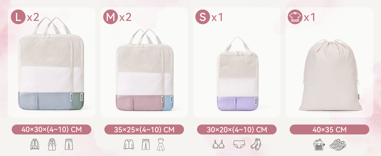 Набір органайзерів для валізи Narwey (6 шт.) - кубики для пакування з компресією, бежевий. Організація подорожей та зручне пакування речей.