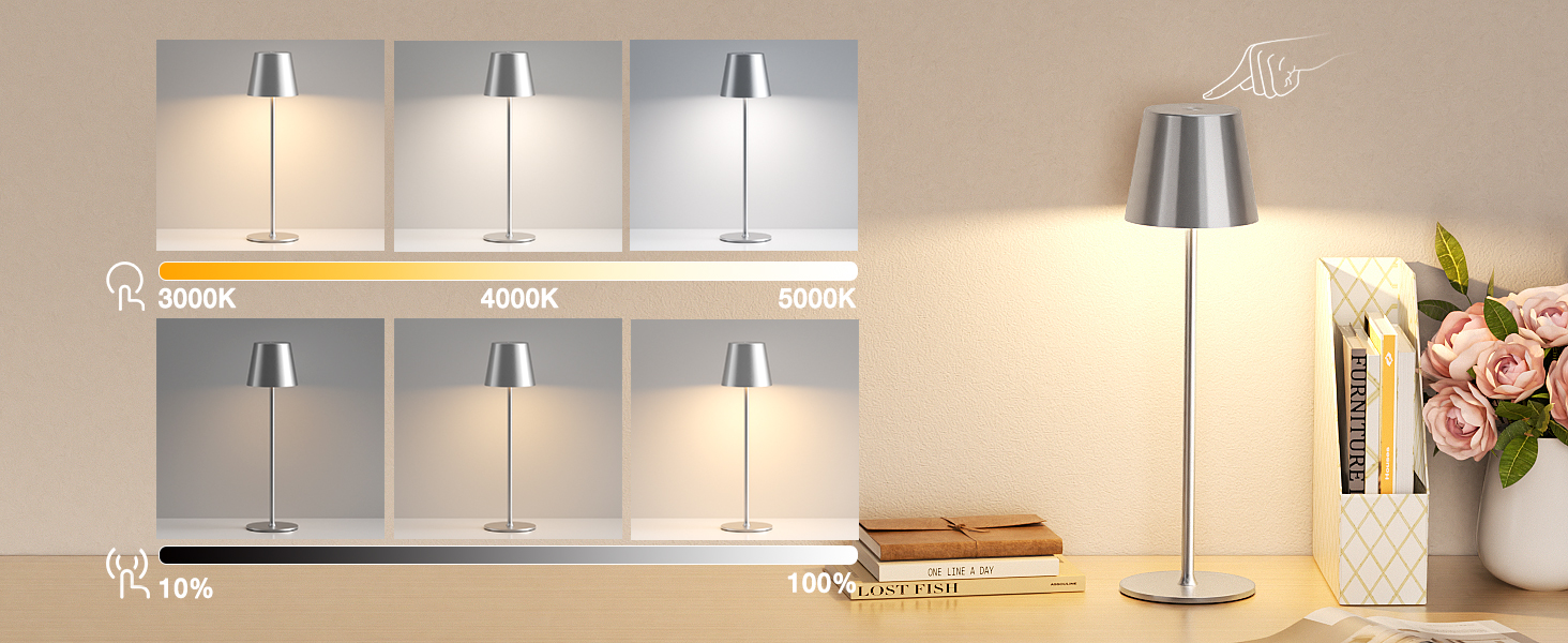 Набір з 2 бездротових настільних ламп LED з акумулятором, сенсорне регулювання яскравості, 3 режими кольору, USB-C зарядка для спальні, столу, кемпінгу (Чорний)