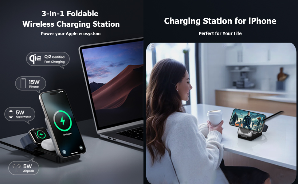 3-в-1 Бездротовий зарядний пристрій: Inductive Qi2, MagSafe, для iPhone 16/15/14/13/12, Apple Watch, AirPods (білий)