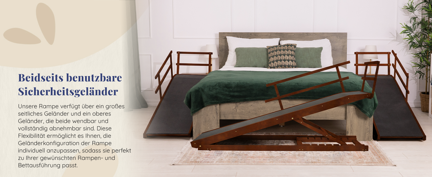 Східці для собак до ліжка з огорожею - для великих собак до 90 кг - регульована висота до 94.5 см - ширина 49.5 см - складаються - антиковзні ручки - з берези - колір натуральний (волоський горіх)