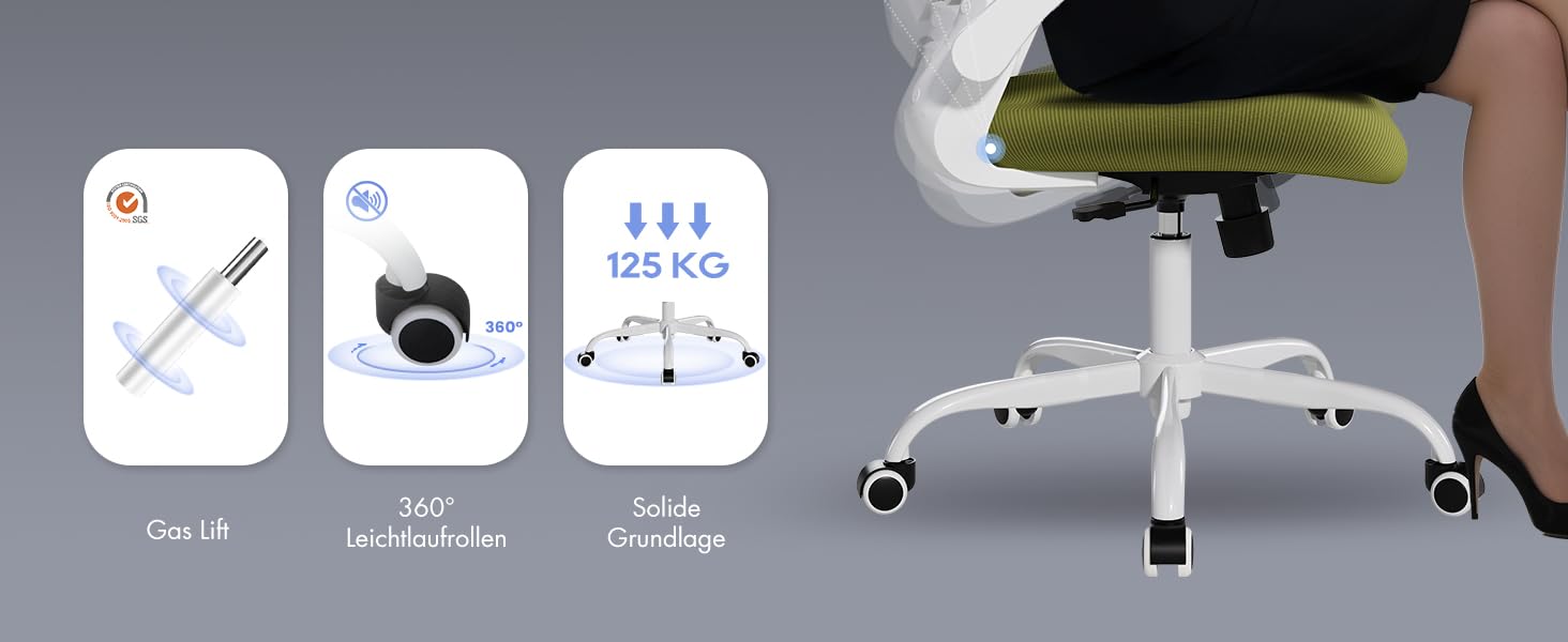 Офісне крісло Colamy з ергономічною підтримкою спини, регульованою підголівником та поперековою підтримкою, поворотне, (Зелений, Classic)