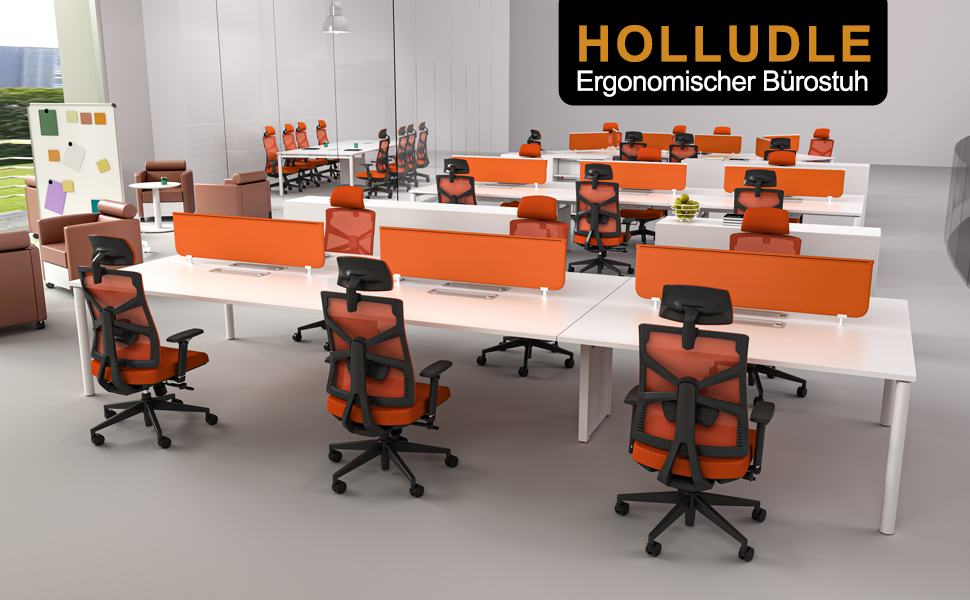 Ергономічне офісне крісло HOLLUDLE з адаптивною спинкою, 4D підлокітниками, регулюванням глибини сидіння, поперековою підтримкою та 2D підголівником, дихаюча сітка, помаранчеве