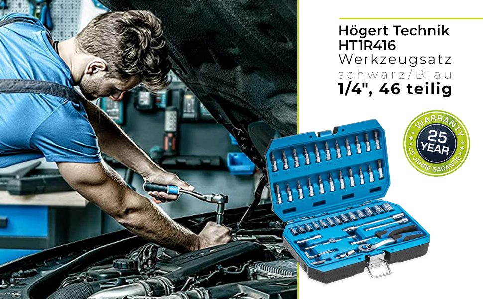 Набір інструментів HÖGERT TECHNIK 46 предметів: тріскачка, біти, насадки, аксесуари 1/4”, хром-ванадієва сталь, високоякісний, кований, 72-зубцева механіка, чорний/синій