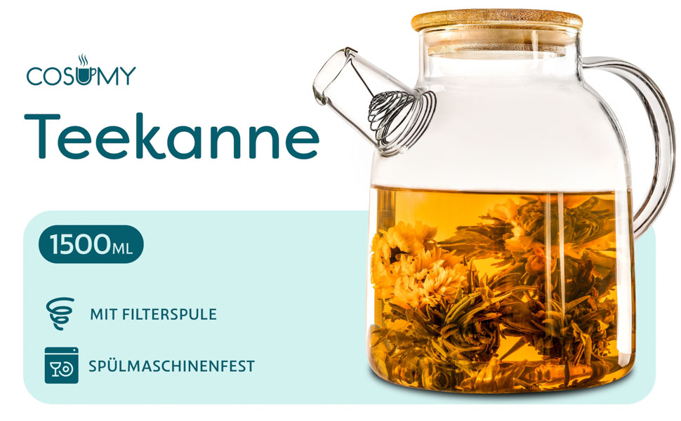 Чайник зі скла 1,5 літра з дерев'яним кришкою та фільтром - для гарячих та холодних напоїв - придатний для миття в посудомийній машині - стійкий до холоду та тепла - ідеальний для літа та зими