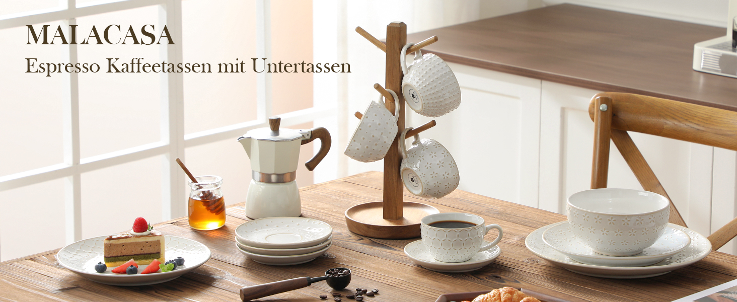 Набір кавових чашок MALACASA з блюдцем, 8 шт., для 4 особи, з рельєфом, 180 мл, кераміка, бежевий