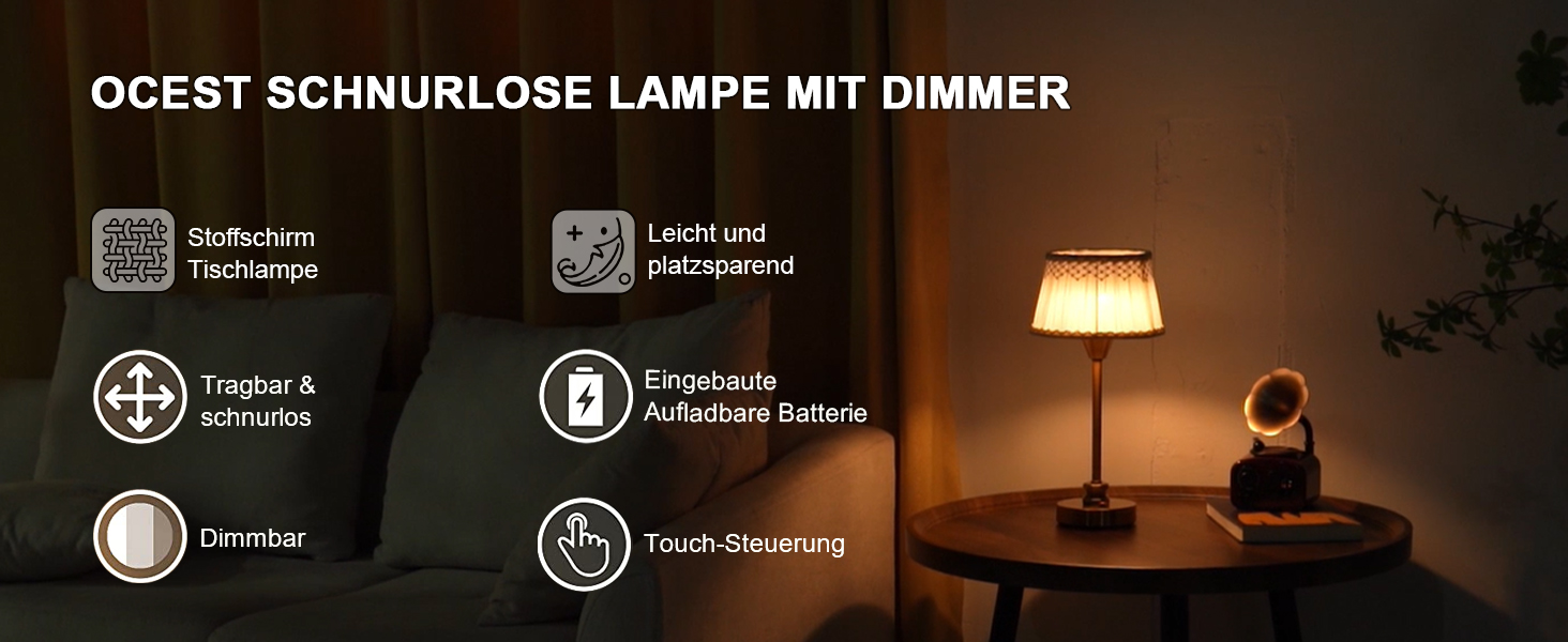 Настільна лампа OCEST з акумулятором, сенсорне керування, регулювання яскравості, для дому, кухні, тераси, їдальні (античне латунь-льон), тканинний абажур 27,5 см