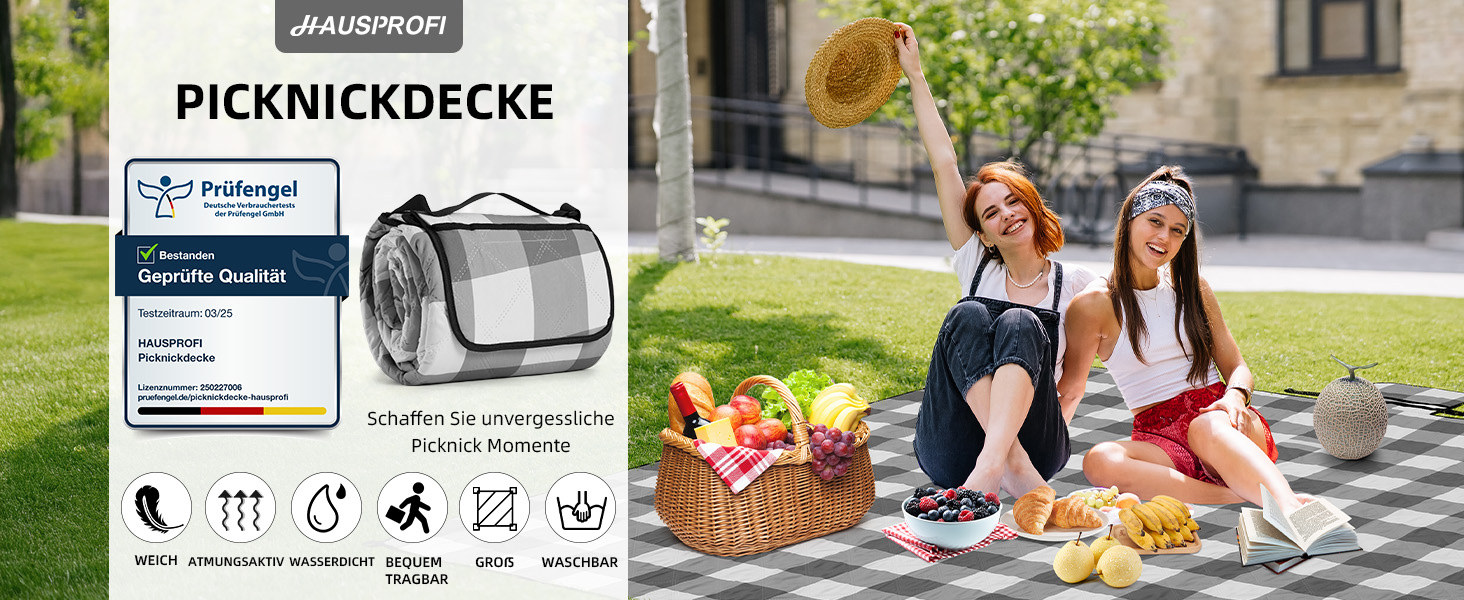 Плед для пікніка HAUSPROFI 200x200 см, водонепроникний, ізольований - великий плед для пікніка, пляжу, саду, кемпінгу. Бавовняний, з ручкою та кілочками, сіро-білий в клітинку