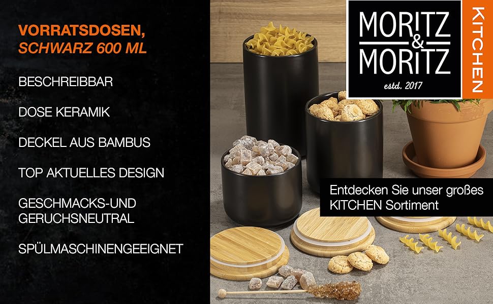 Керамічна банка Moritz & Moritz 600 мл з бамбуковою кришкою, чорна, для зберігання сипучих продуктів, кави, мюслі або ванних аксесуарів, з можливістю підпису