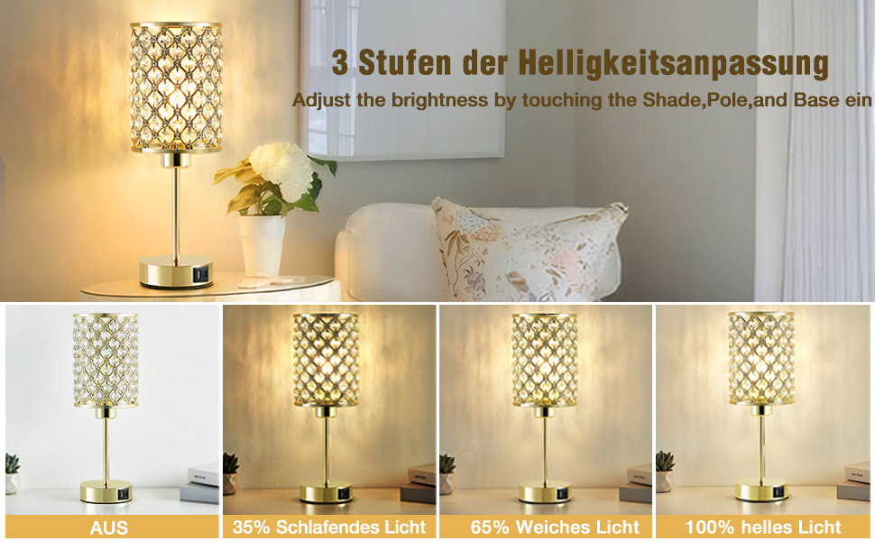 Кристалева лампа GyroVu Kristall для столу та приліжкові лампи з регулюванням яскравості, сенсорне керування, USB A+C порти, золотий колір, для вітальні та спальні (з лампочкою)