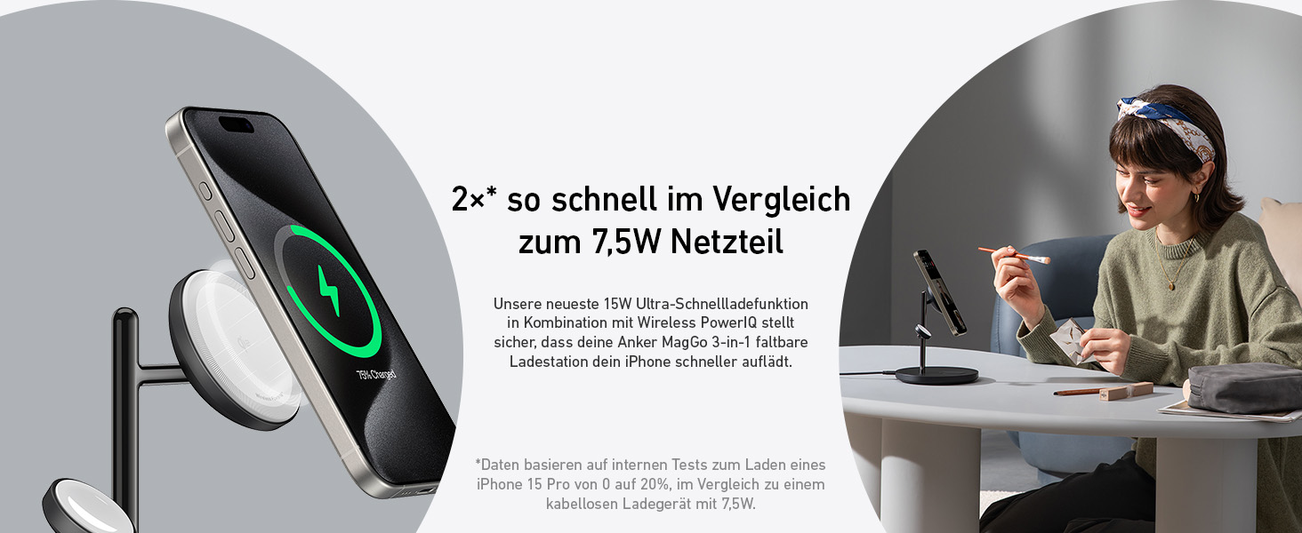 Anker MagGo 3-в-1 Бездротова Зарядка, 15W, MagSafe, Qi2, для iPhone 16/15/14/13, AirPods Pro, Apple Watch Ultra (з USB-C блоком живлення та кабелем), Чорний