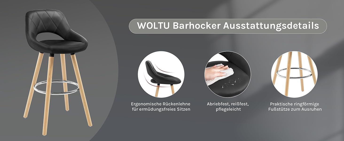 Барні стільці WOLTU 2 шт. з підніжкою, з підлокітниками, з дерева, для кухні, бару, кафе, ресторану, білі (чорні), штучна шкіра