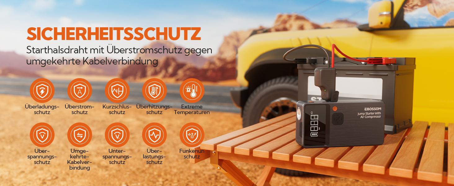 Powerbank Starthilfe JC8-12000mAh: Powerbank для авто з компресором, 12000mAh, LED-лампа, USB-C, ресeт-комплект