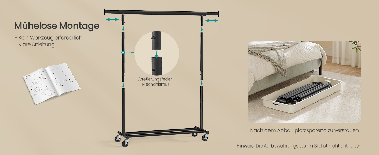 SONGMICS Clothes Rack with Wheels, Heavy-Duty Garment Rack, Extendable Clothes Rod, Load Capacity up to 100 kg, Easy Assembly, Portable, Black HSR13BKV1