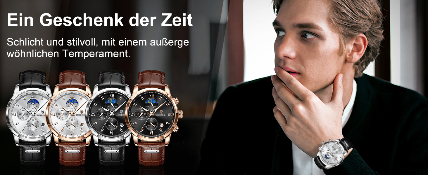 Годинник чоловічий LIGE Retro з шкіряним ремінцем, 3ATM водостійкий, аналоговий, з функцією свічення, фази місяця, з датою, коричнево-білий, хронограф