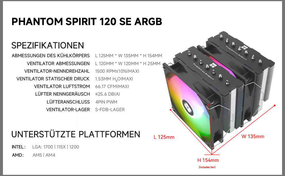 CPU кулер TR PS120SE ARGB з 7 тепловими трубками, Dual PWM вентилятор, технологія AGHP, під AMD AM4 AM5/Intel 1700/1150/1151/1200