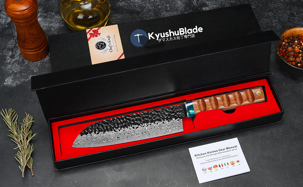 Японський ніж Kyushublade Nariki 18,5 см: професійний кухонний ніж з 67 шарів дамасткової сталі, зручна ручка, для дому та ресторану (сантоку)