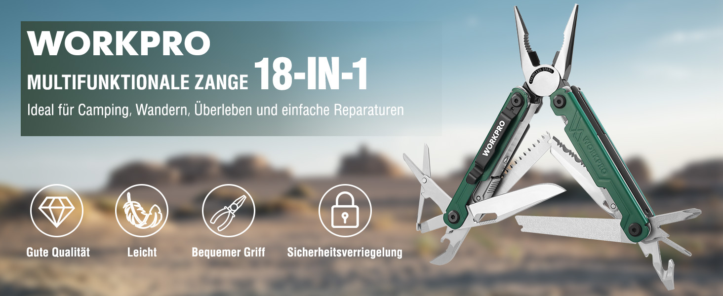 Мультитул WORKPRO 18 в 1: мультиінструмент з нержавіючої сталі з ножем, відкривачкою, ножицями, кліпсою для ременя. Ідеально для кемпінгу, ремонту, подарунок. У комплекті сумка.