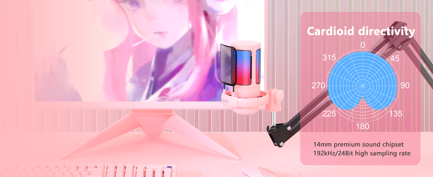 Мікрофон для ПК NJSJ Gaming з тримачем, USB мікрофон для MAC PS4 PS5, рожевий. З кнопкою вимкнення звуку, навушниками, поп-фільтром. Конденсаторний мікрофон для стрімінгу та подкастів