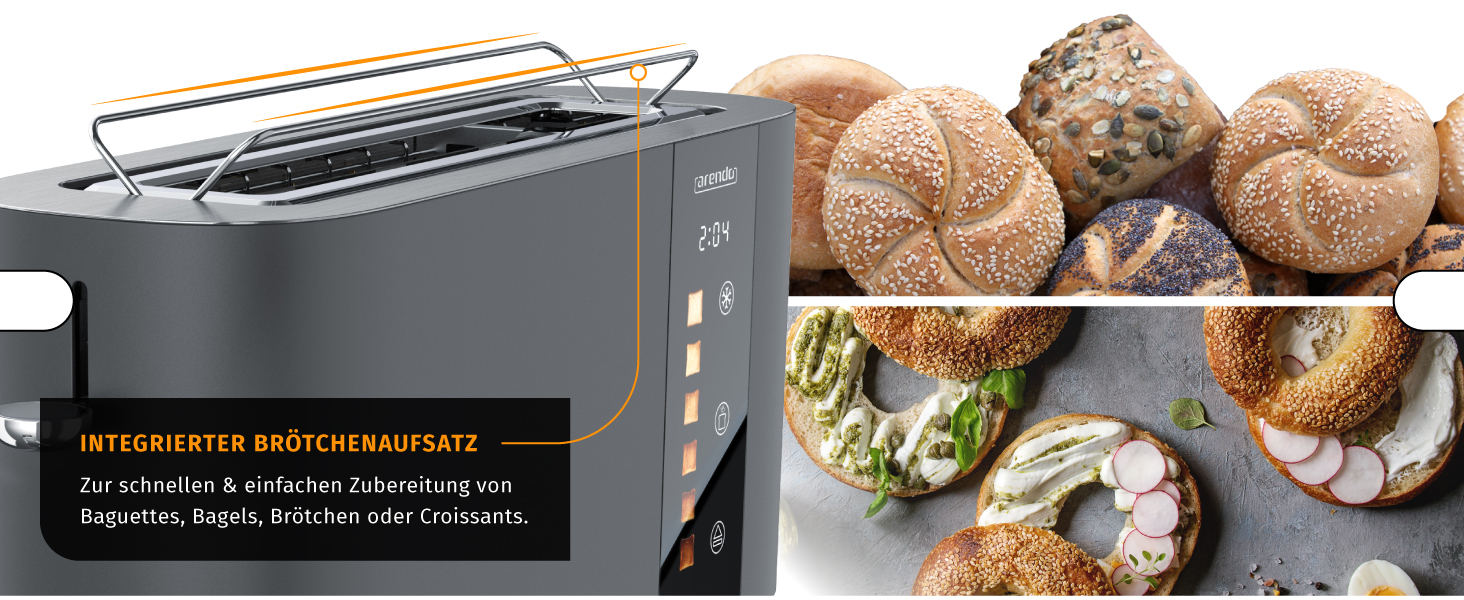 Тостер Arendo з нержавіючої сталі, 2 відділення, довгий проріз, сенсорний дисплей, подвійні стінки, насадка для тостів, 6 ступенів підсмажування, центрування хліба, індикатор часу, функція пам'яті, чорний (B: Cool Grey)