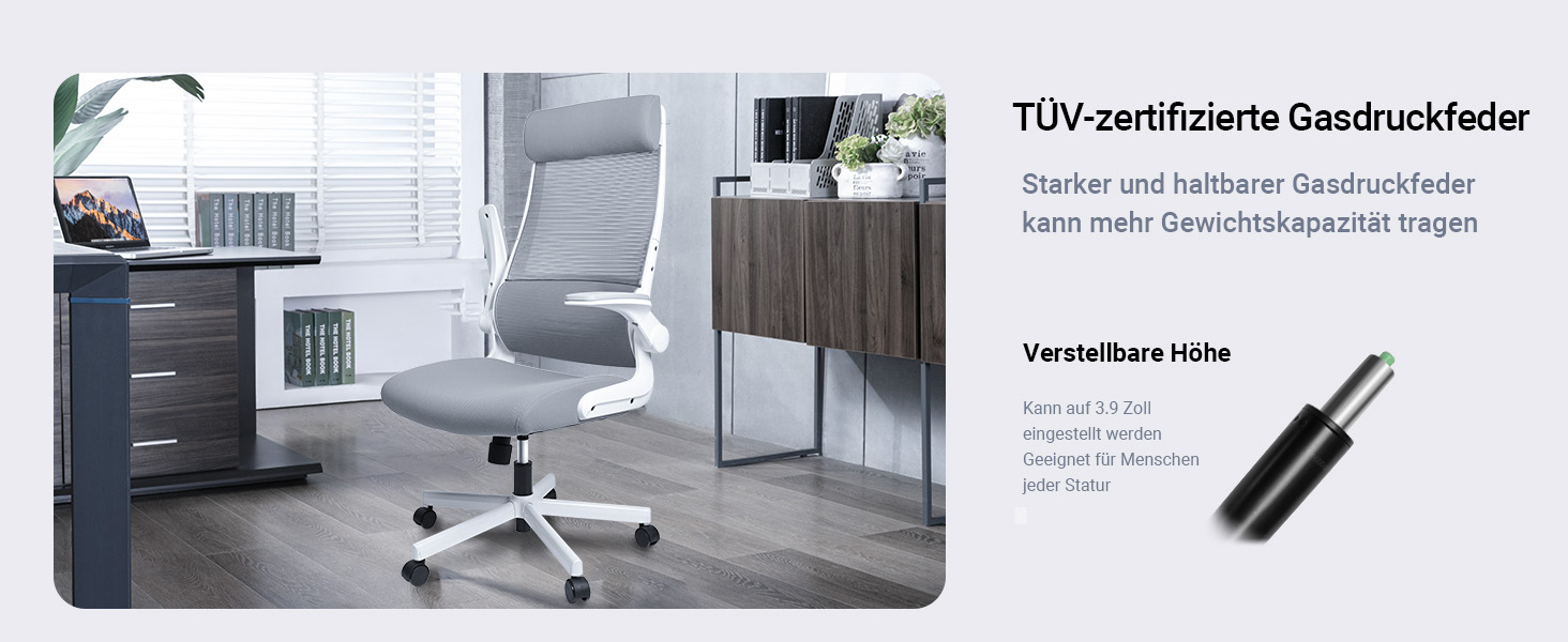 Ергономічне крісло для офісу з регульованою підголовником, сітчасте крісло для столу, відкидні підлокітники, широке сидіння, функція гойдання, комп'ютерне крісло EN 1335, офісне крісло 200 KG, сіре