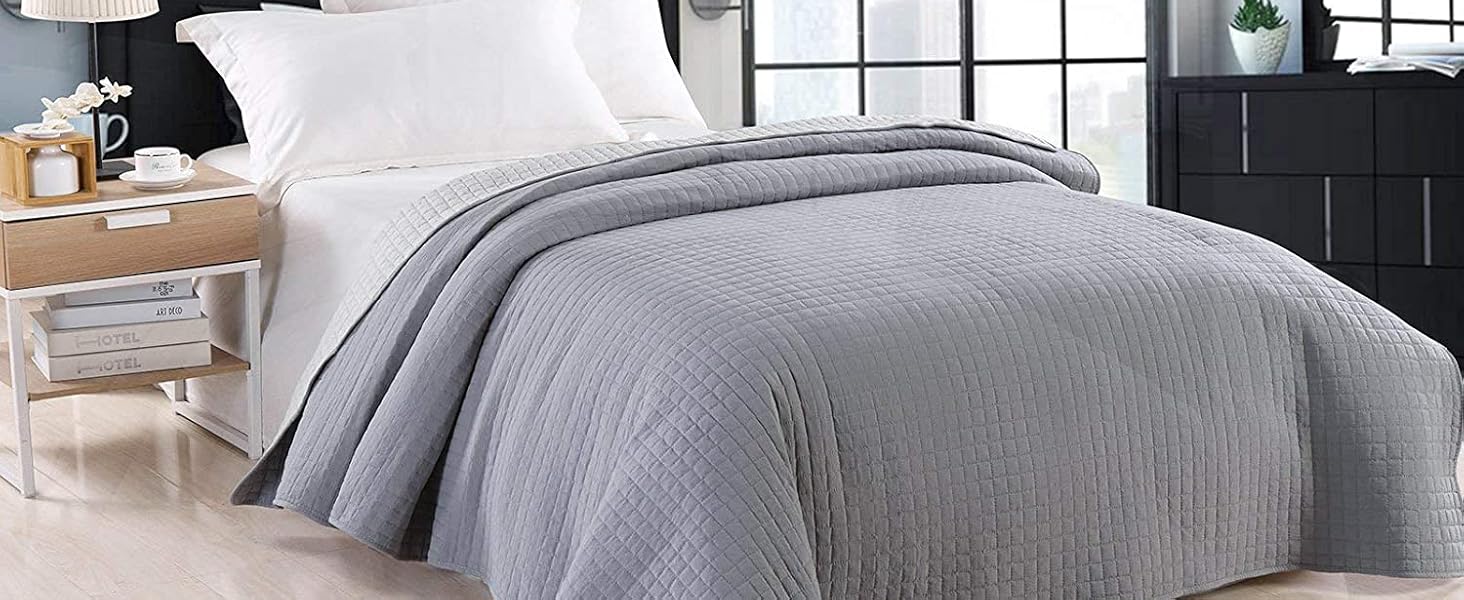 WOLTU Плед-плед для ліжка 170x210 см, стеганий плед з ефектом 2-в-1, Patchwork, перевернутий дизайн, в клітинку, сірий+світло-сірий, для двоспального ліжка