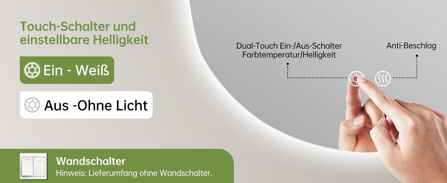 Дзеркало для ванної кімнати з підсвічуванням, арочне, без рами 50x75 см. Touch-панель, регулювання яскравості, 3 кольори світла, запобігання запотіванню