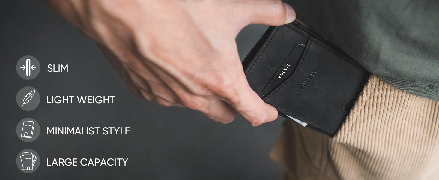Чоловічий шкіряний картхолдер VULKIT з RFID захистом, чорний - Slim Wallet для 10 карт
