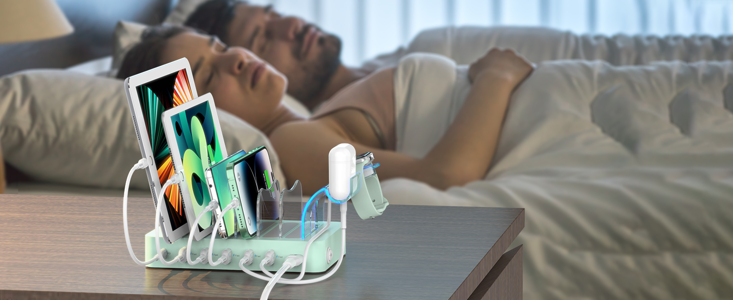 Зарядна станція SooPii USB 60W/12A, 6 портів, органайзер для декількох пристроїв з тримачем для Apple Watch, 6 кабелів для телефонів, планшетів та інших електронних пристроїв. Зелена