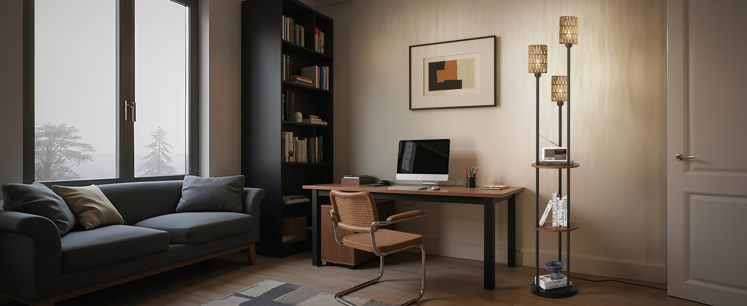 Стельова лампа для вітальні з поличкою, 3-хламкова, вінтажний стиль, бохо, з дерева, з вимикачем на ніжці, E27, ретро, коричнево-бежева ZEF53LDD05