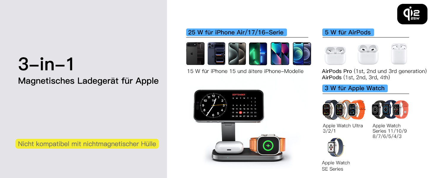 Бездротова зарядка 25W 3-в-1 з MagSafe, складана індуктивна магнітна зарядна станція для iPhone 17/Air/16/15/14/13/12, Apple Watch 10/9/8/7/6/SE/5/4/3 та AirPods Pro (з адаптером 35W), чорна