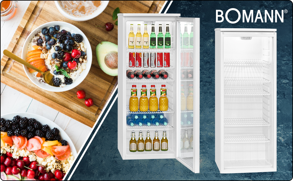 Холодильник для напоїв Bomann® з дверцятами зі скла | Об'єм 245 л, 5 ґратчастих полиць | Автоматична система розморожування, плавне регулювання температури | KSG 7289 білий *Модель 2024* (Виставковий зразки)