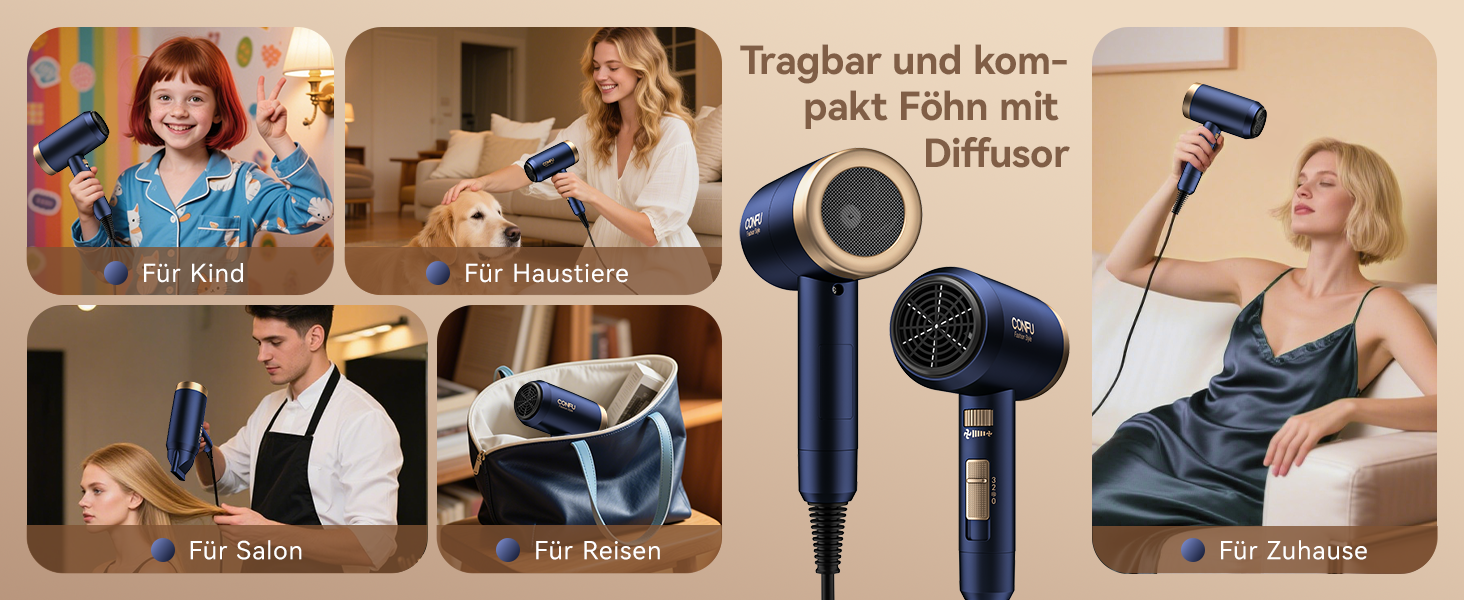 Іонізатор для волосся Föhn, 1800W, з насадкою-дифузором, 3 режими температури, безліч налаштувань швидкості, портативний фен, Marineblau (морський блакитний)