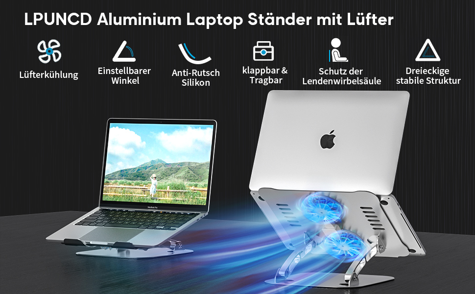 Регульований підставка для ноутбука з RGB вентилятором, алюмінієвий, чорний. Сумісна з MacBook та ноутбуками 10-17'