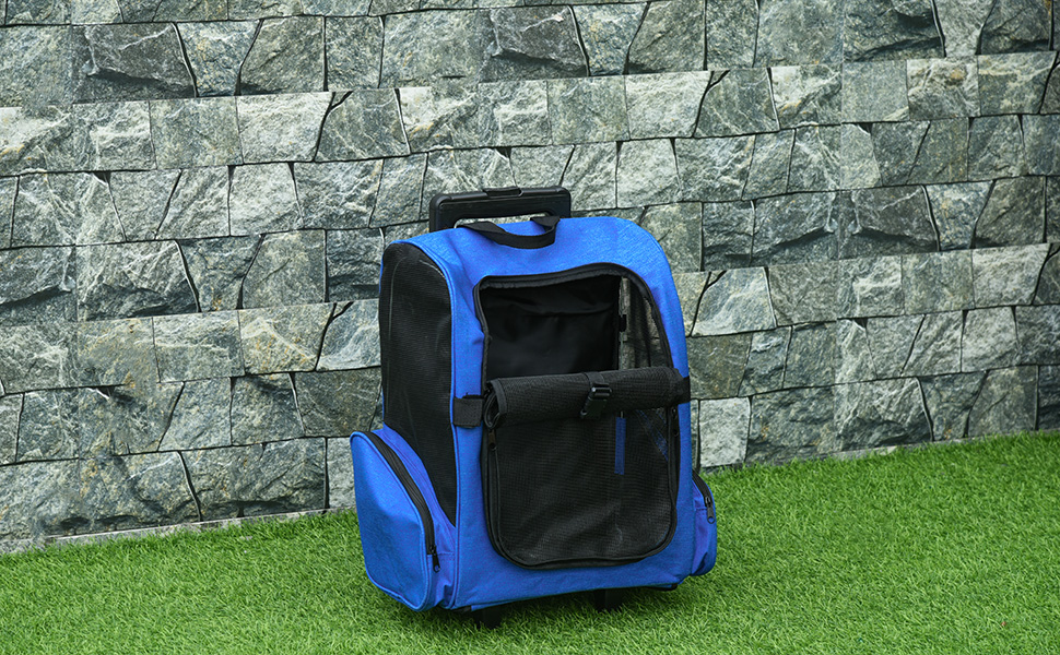 PawHut Рюкзак-переноска для собак і котів 2-в-1 з кишенями, телескопічною ручкою та колесами, 42 x 25 x 25 x 55 см, блакитний