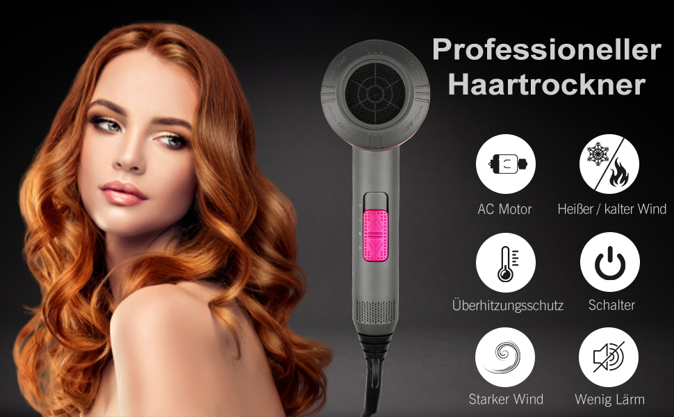 Іонізатор для волосся Faszin Föhn: професійний фен з AC-двигуном, 2 швидкості та 3 режими нагріву, кнопка холодного повітря, насадка-дифузор та 2 концентратори (чорний/білий)