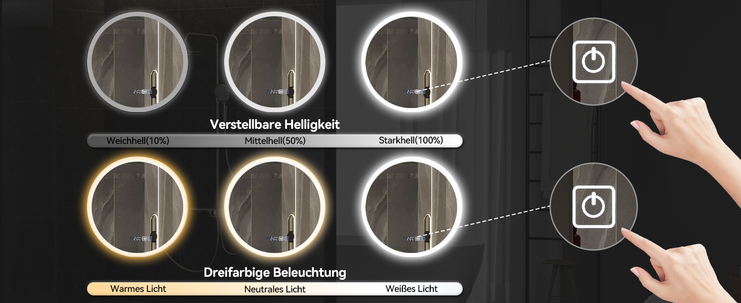 Дзеркало для ванної кімнати YOURLITE з підсвічуванням, діаметр 60 см, LED, сенсорне керування, 3 кольори світла, регулювання яскравості, антизапар, пам'ять, годинник, білий