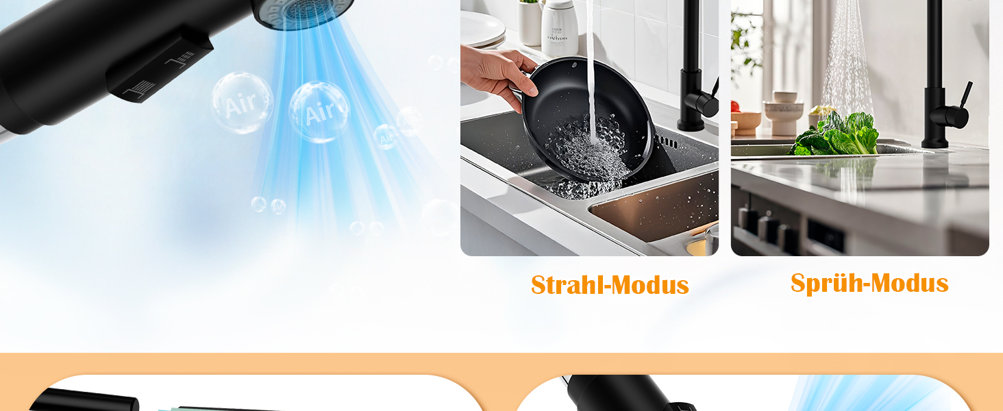 Змішувач кухонний водяний чорний, висувний з душем, 360° поворотний, 2 режими розпилення, для кухні, нержавіюча сталь