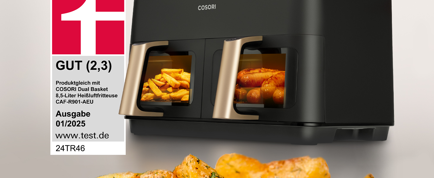 Фритюрниця повітряна COSORI 6.2L з нагадуванням про струшування, 12 функцій, економія енергії 55%, 50 рецептів, легке очищення