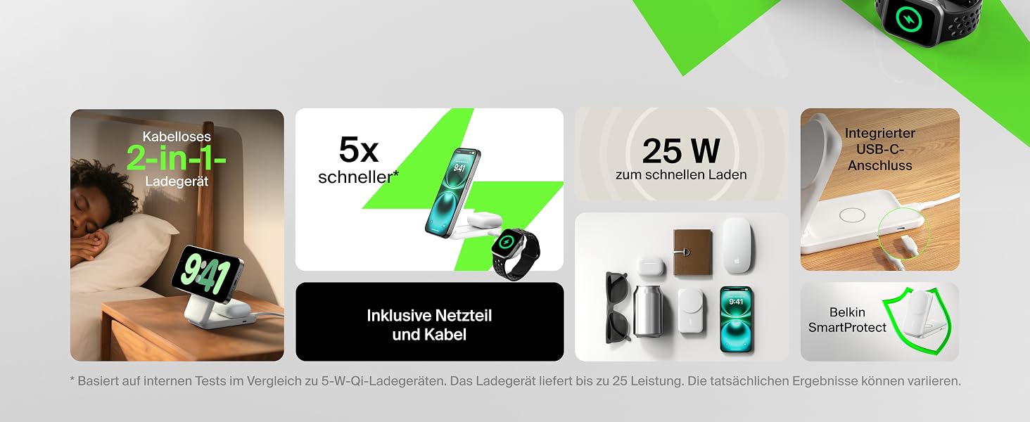 Беспроводная зарядка Belkin UltraCharge Qi 2.2 2-в-1 25W MagSafe сумісна для iPhone 17, iPhone Air, AirPods, Pixel – біла з USB-C адаптером 45W