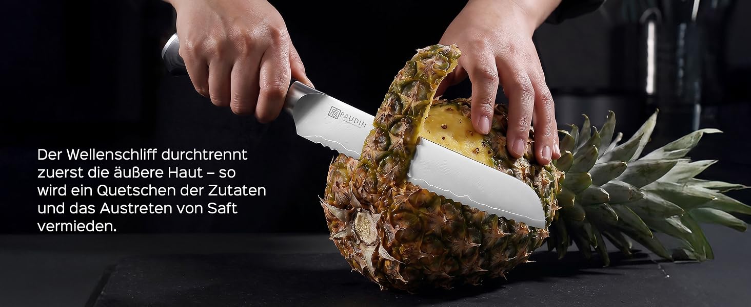 Універсальний кухонний ніж PAUDIN 20 см — професійний ніж для хліба, м'яса, овочів та фруктів із нержавіючої сталі та ергономічною дерев'яною ручкою