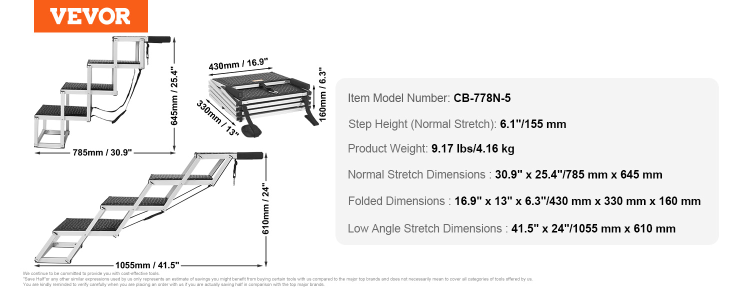Сходинка для собак VEVOR у автомобіль: 5 сходинок, широка, складна, з антиковзким покриттям, легка алюмінієва, для авто, SUV та вантажівок (61-65 см)